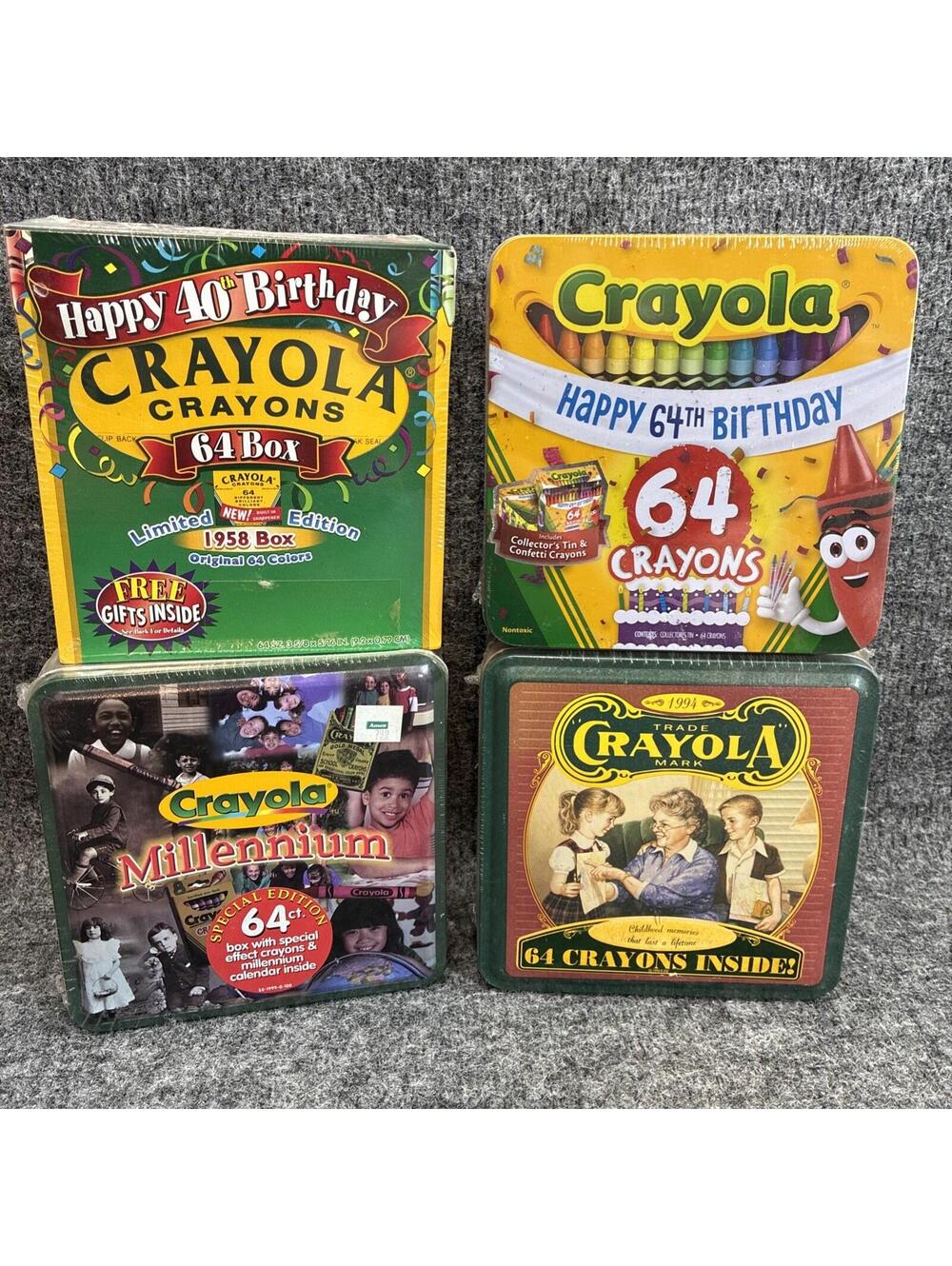 Crayola Sealed Tin Lot 1994 64th Birthday Millennium 40th Birthday Box Sealed